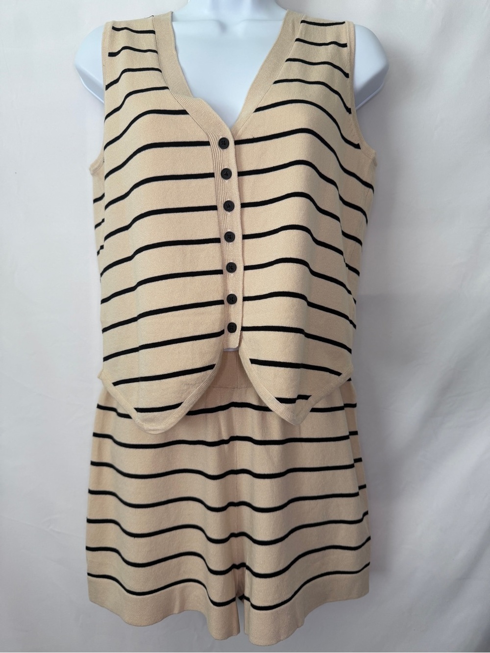 High-Waist Striped Knit Shorts with Matching Vest - Beige & Black